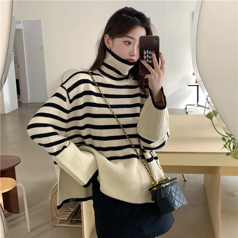 

Fashion 2022 New Striped Turtleneck Sweater Autumn Winter Loose Knitted Pullover Oversize Jumper Knitwear Outwear Jumper I682