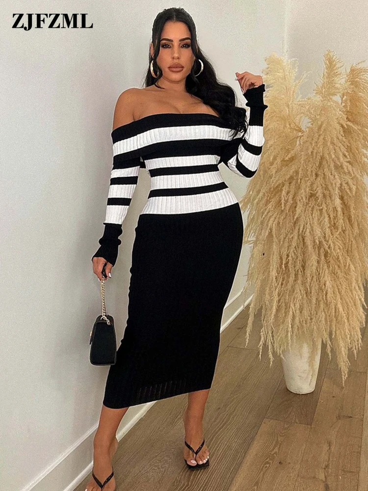 

Double Shoulder Long Sleeve Knitted Long Dresses Autumn New Clothing for Women Striped Body-shaping Hip Skirt Dress Robe Femme