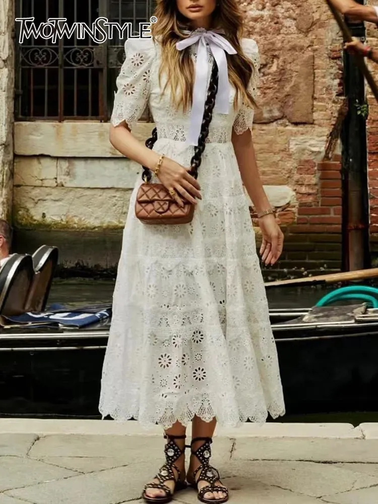 TWOTWINSTYLE-Solid-Embroidery-Dresses-For-Women-Stand-Collar-Short ...