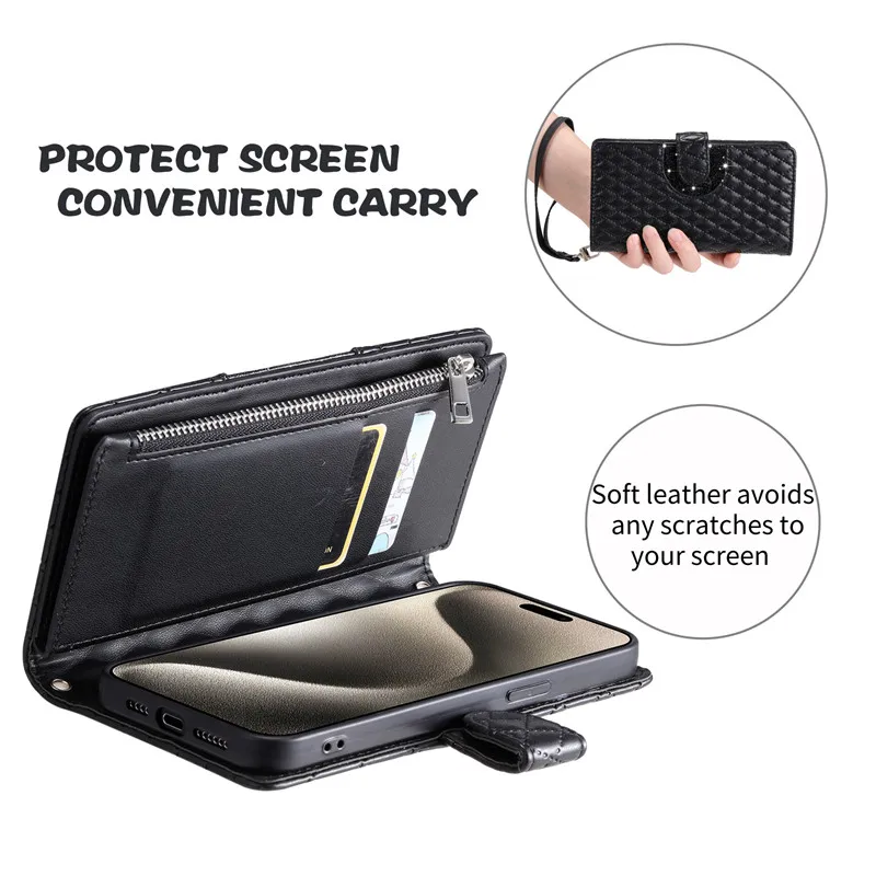 Elegant Long Lanyard Zipper Wallet Phone Case with Flip Leather Cover