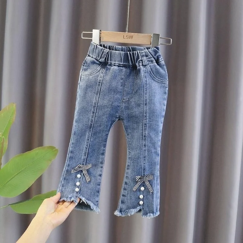 

Kids Fashion Trousers Boot Cut Baby Flared Pants Blue Jeans Bell Bottoms Bowknot Beading Macrame Denim Pants Toddler Girl Jeans