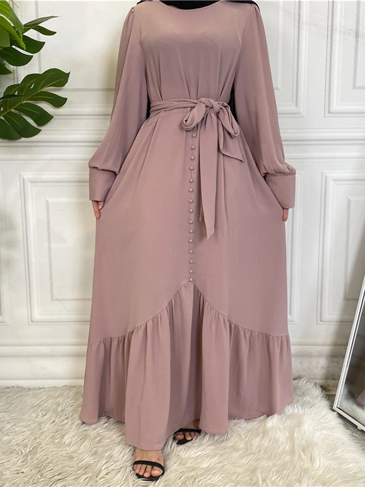 

Women Muslim Dress with Pockets Chiffon Crepe Button Front Islamic Clothing Dubai Turkish Modest Hijab Robe Casual Abaya