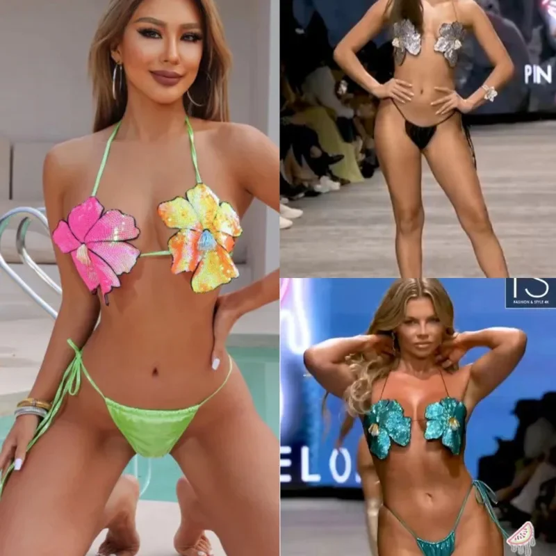 Summer 3D Flower Sexy Women's Bikini Set Beach Vacation Beads Flower Split T Pants Swimming Suit Set Quality Sling Bikini bikini set women swimwear bikini swimsuit