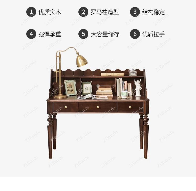 Description Picture 4 of item*Solid Wood Desk Bookshelf Combination Simple French Retro Student Computer Desk Bedroom Study Table Light Luxury