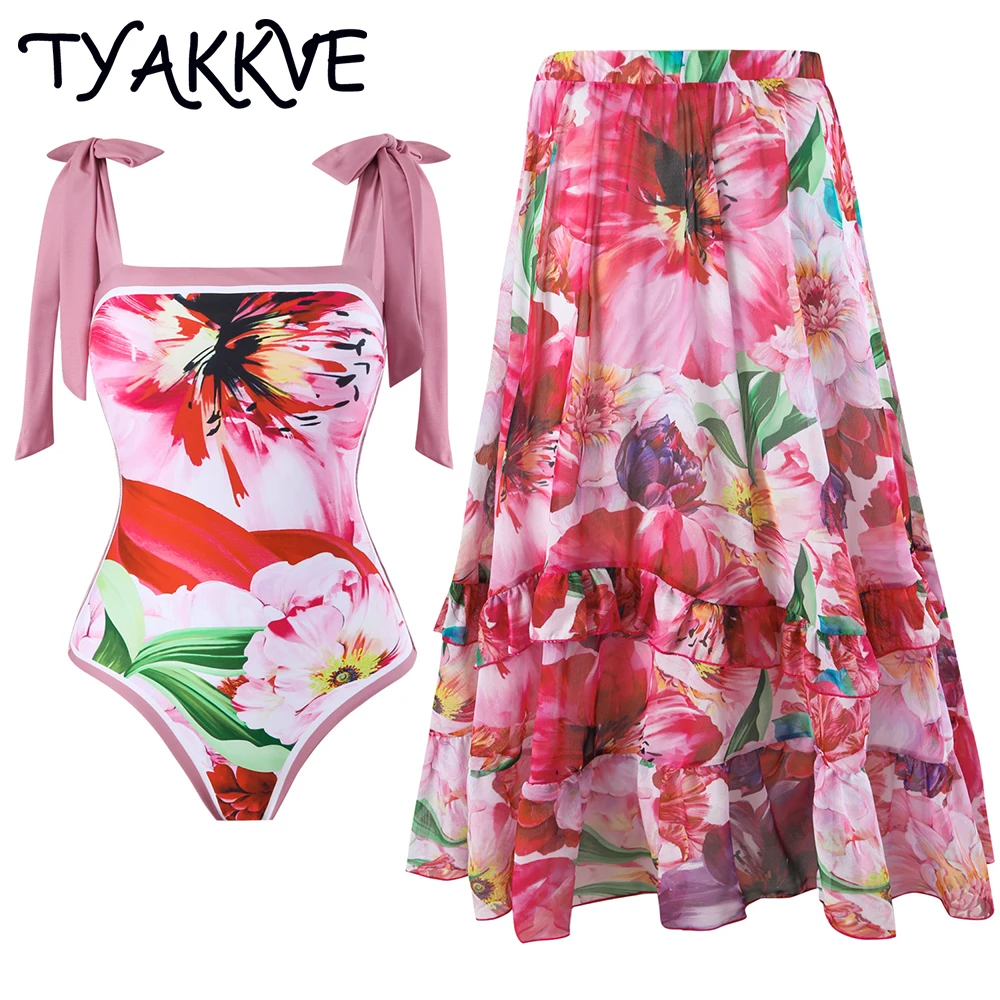

Слитный купальник TYAKKVE для женщин, купальник с юбкой, 2024, купальный костюм с объемными оборками и цветами, монокини, Пляжное боди, пляжная одежда