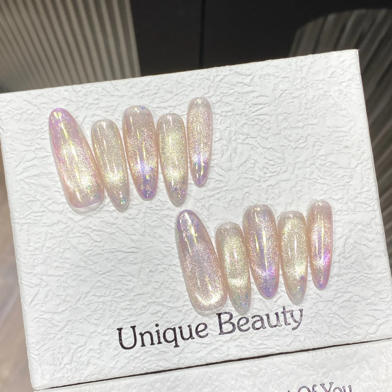 Glossy Gradient Cat Eye Press On Nails Long Oval False Nails_voghion.com