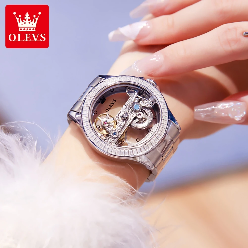 OLEVS Fully Hollow Watch for Women Automatic Mechanical Women's Watches Luminous Luxury Stainless Steel Diamond Inlay Wristwatch