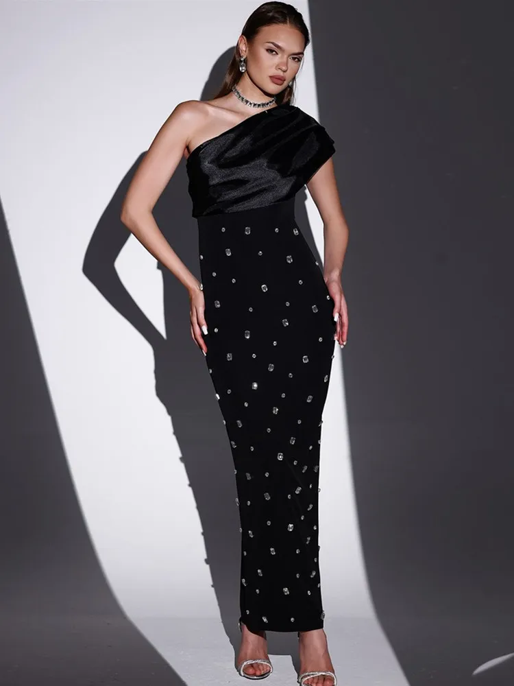 Women Sexy One Shoulder Diamonds Pink Black Maxi Long Bodycon Bandage Dress  2024 Elegant Evening Club Party Dress - AliExpress 200000345