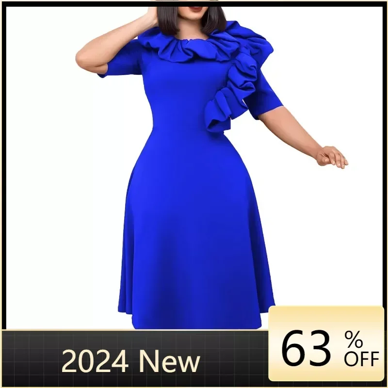 

A Line Elegant Dress Women Summer 2024 Ruffle Short Sleeve Midi Robes High Waist O Neck Solid Color Cocktail Party Evening Gowns