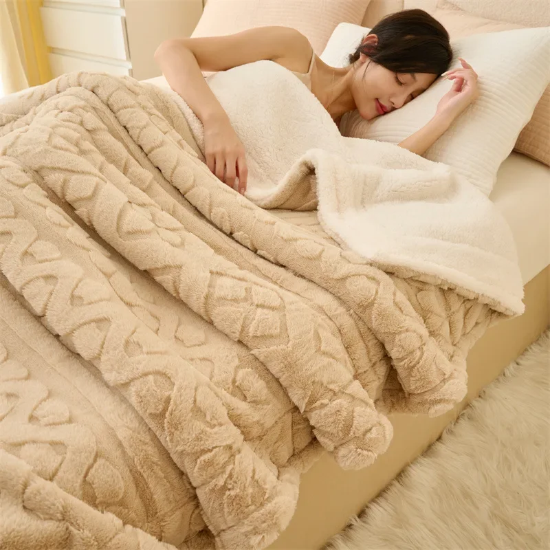 

Thick Faux Rabbit Fur Blanket Sofa Throw Super Soft Cozy Bedspread Fur Plush Blankets Brown Beige Color