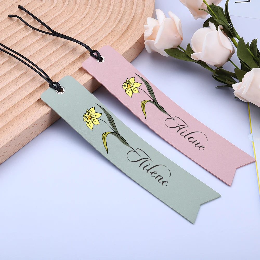 

Custom Name Leather Bookmark with Birth Month Flower for Friend Teacher Book Lover Personalized Birthday Gift for Reader Him Her