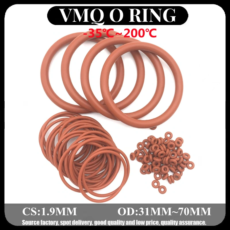 

20pcs Silicone O Ring CS 1.9mm OD 31mm ~ 70mm VMQ FoodGrade Waterproof Washer Rubber Insulated O Shape Red Seal Gasket