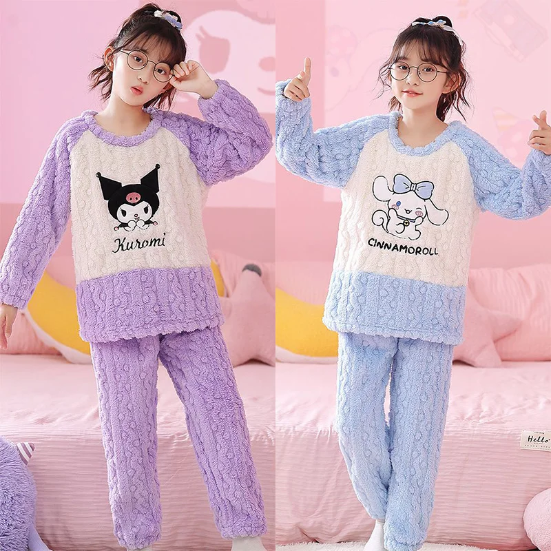 

2023 Kawaii Miniso Kuromi My Melody Cinnamoroll Warm Sleepwear Children's Winter Pajamas Sets Girl Flannel Pijamas Kids Homewear