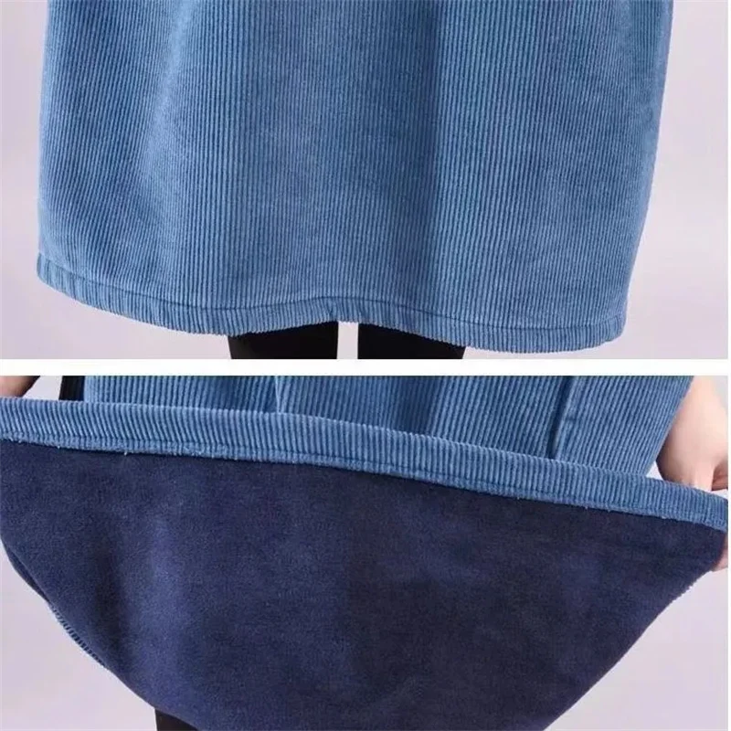 Knit High Neck Velvet Plus Long Corduroy Dress Female Pocket Dress SPring Autumn Dress Women's Long Knitted Dress Female Pullove