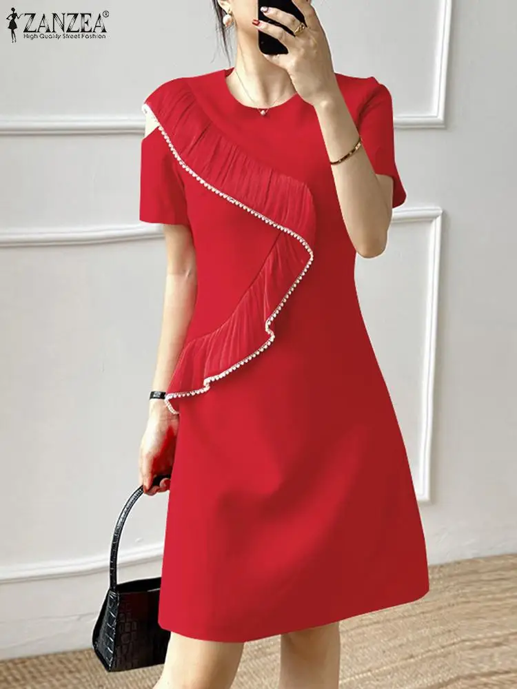 

ZANZEA Summer Fashion Women Elegant Party Knee-length Vestido Casual Robe Femme Short Sleeve Ruffles Hem Dress Work Sundress