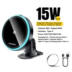 Essager RGB Magnetic Wireless Car Phone Charger and Holder Stand, 15W (Paste type)