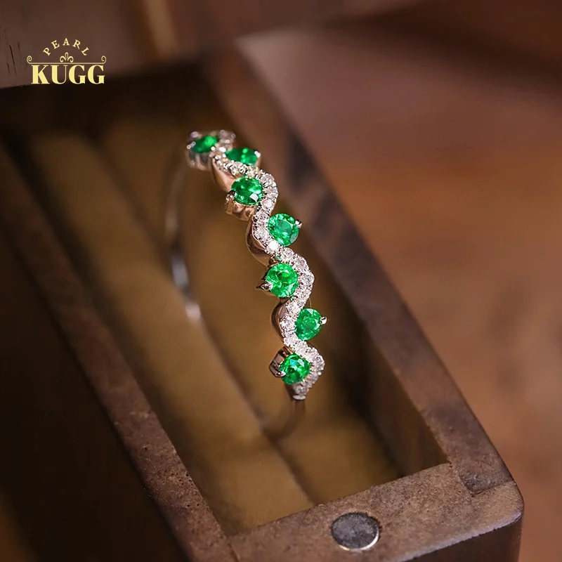 

KUGG 18K White Gold Rings Romantic Shiny Design Real Natural Emerald Luxury Diamond Gemstone Ring for Women High Wedding Jewelry