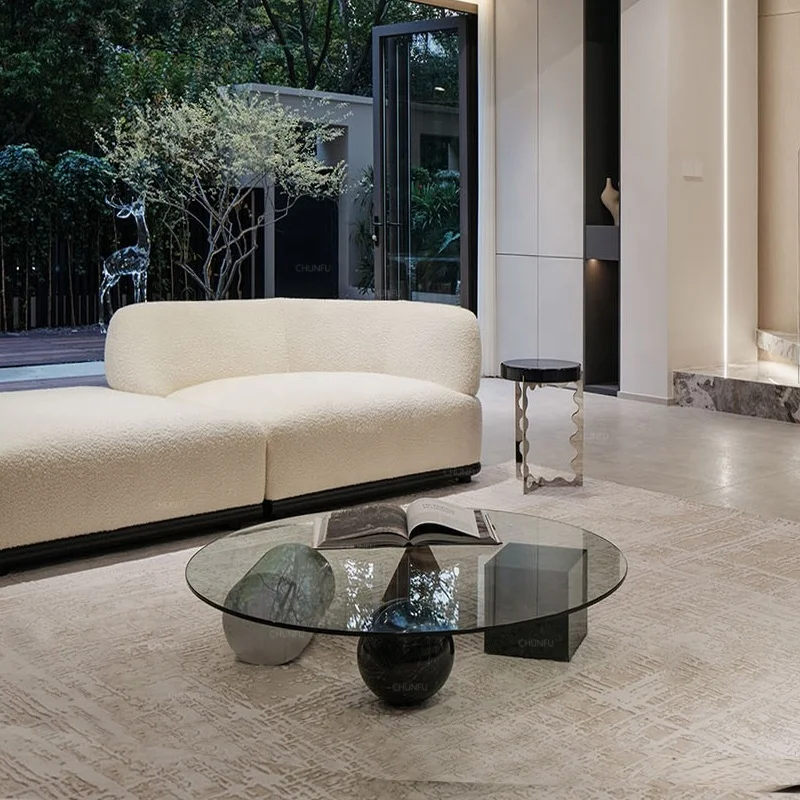 ODM Nordic Natural Marble Table Set Modern Light Luxury Simple Living Room Ottoman square Transparent Glass Coffee Table