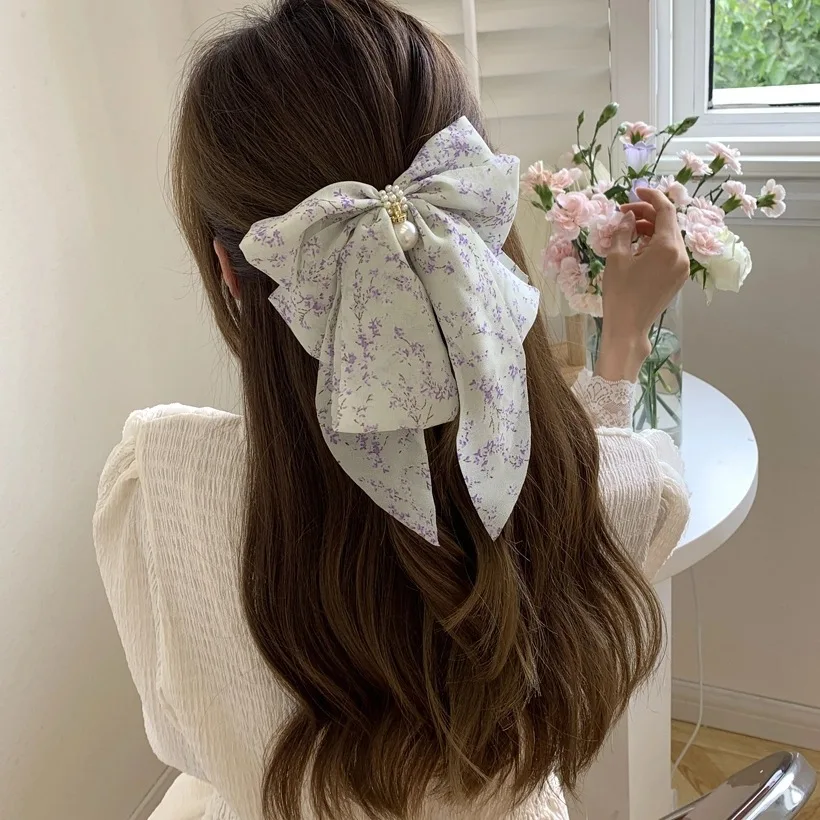 Spring Fashion Flower Chiffon Oversized Bowknot Hair Clip Elegant Pearl Knotted Layered Barrette Retro Ponytail Clip For Women new retro style floral fabric knotted hair hoop spring and summer simplicity out printing headband hair accessories