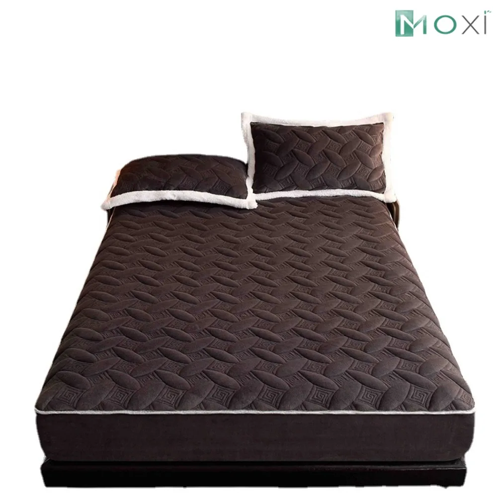 

Thick Coral Fleece Quilted Bed Fitted Sheet Soft Warm Velvet Mattress Cover Solid Color King Queen Size Decor (No Pillowcase)
