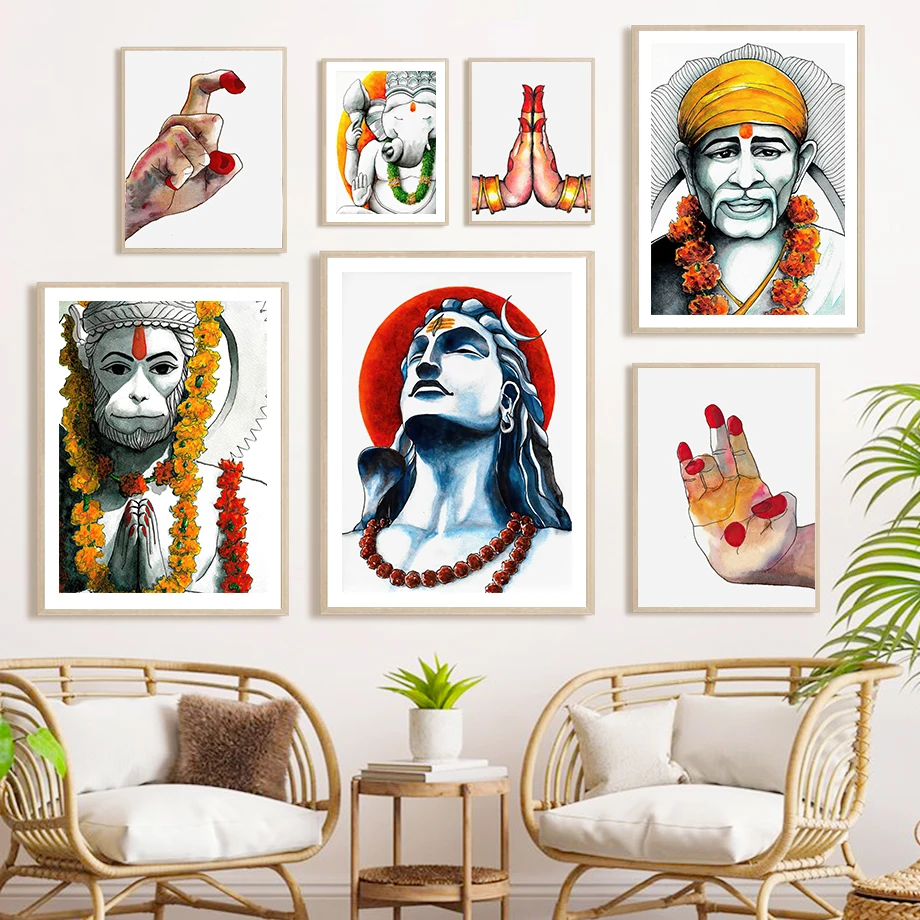 Hanuman Ганеш Шива Бог Индийская Йога мудра настенное Искусство Холст Живопись