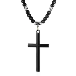 Elegant Black Beaded Chain Necklace with Retro Cross Pendant - Statement Religious Jewelry (1pc)