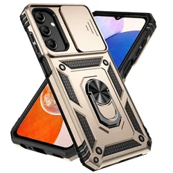 Military Grade Slide Camera Lens Armor Phone Case with Holder Ring Stand Cover for Samsung A15 5G (Gold)