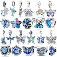 925 Sterling Silver Blue Series Dragonfly Butterfly Bird Pansy Flower Pendant Charm Fit 4MM hole diameter Bracelet Jewelry Gift 1