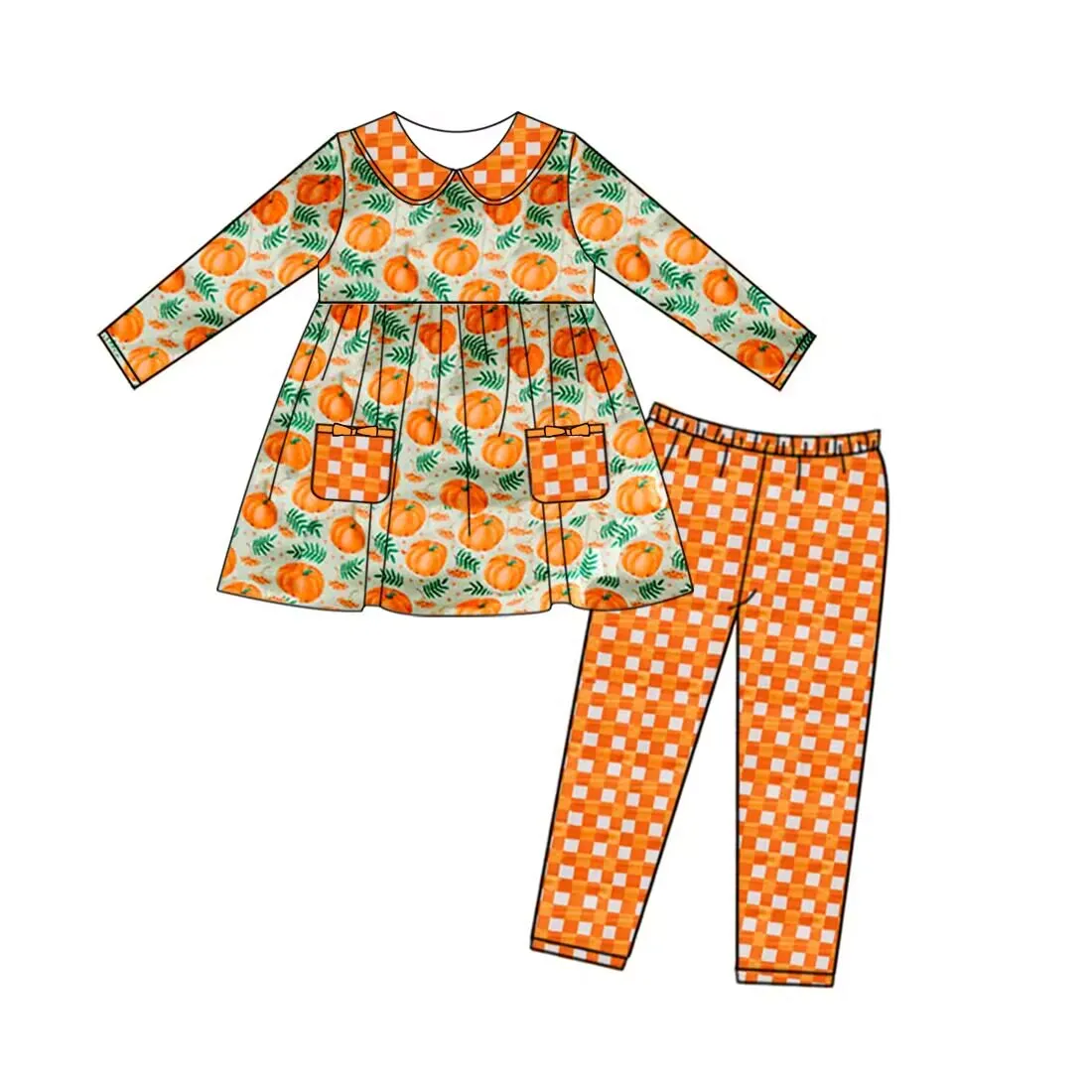 

Hot sale Fall Halloween baby girls children's milk silk pumpkin print long sleeve plaid pants set