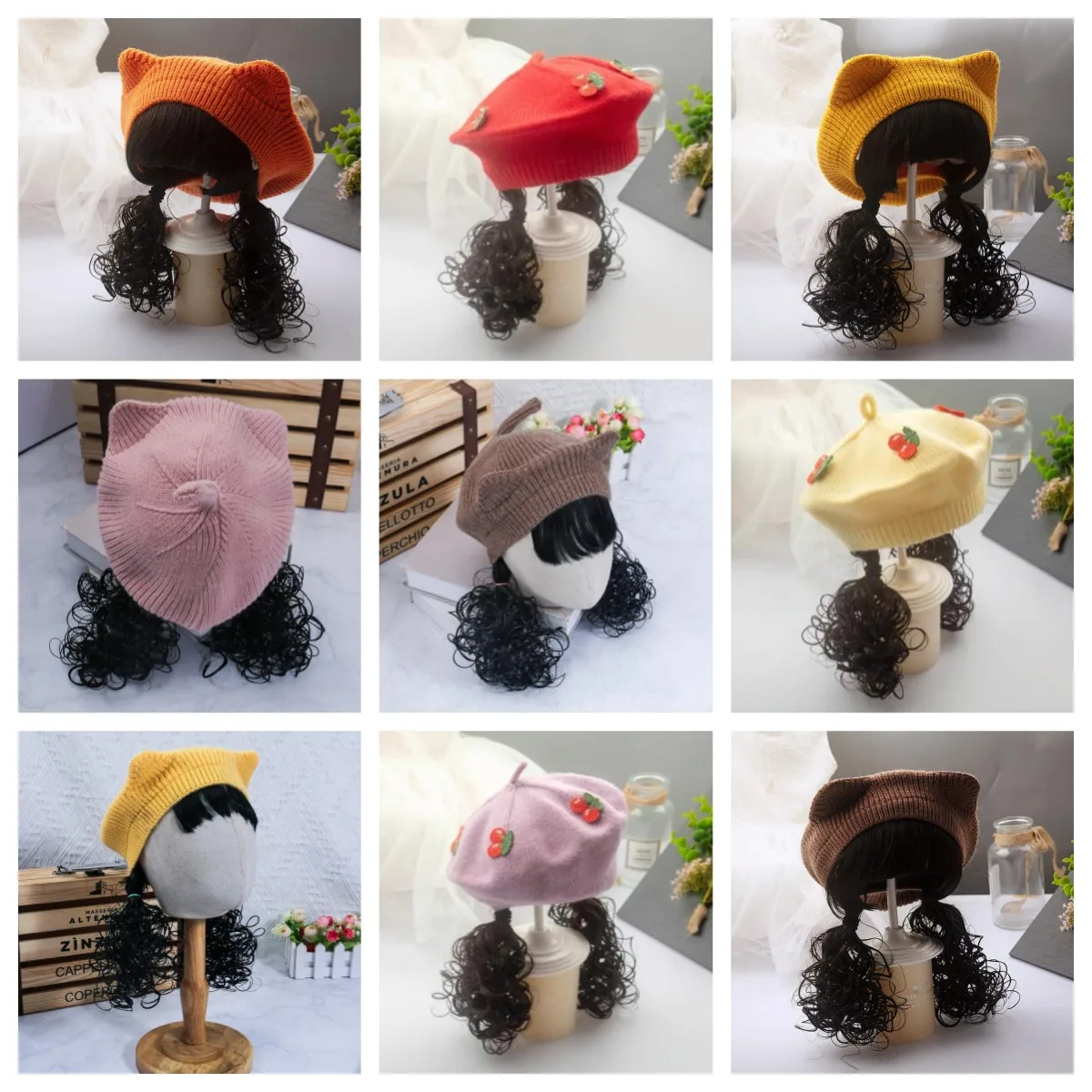 Kid Girls Knit Beret Hat Long Hair Braid Cap Daily Synthetic Children Baby Hats Winter Warm Outdoor