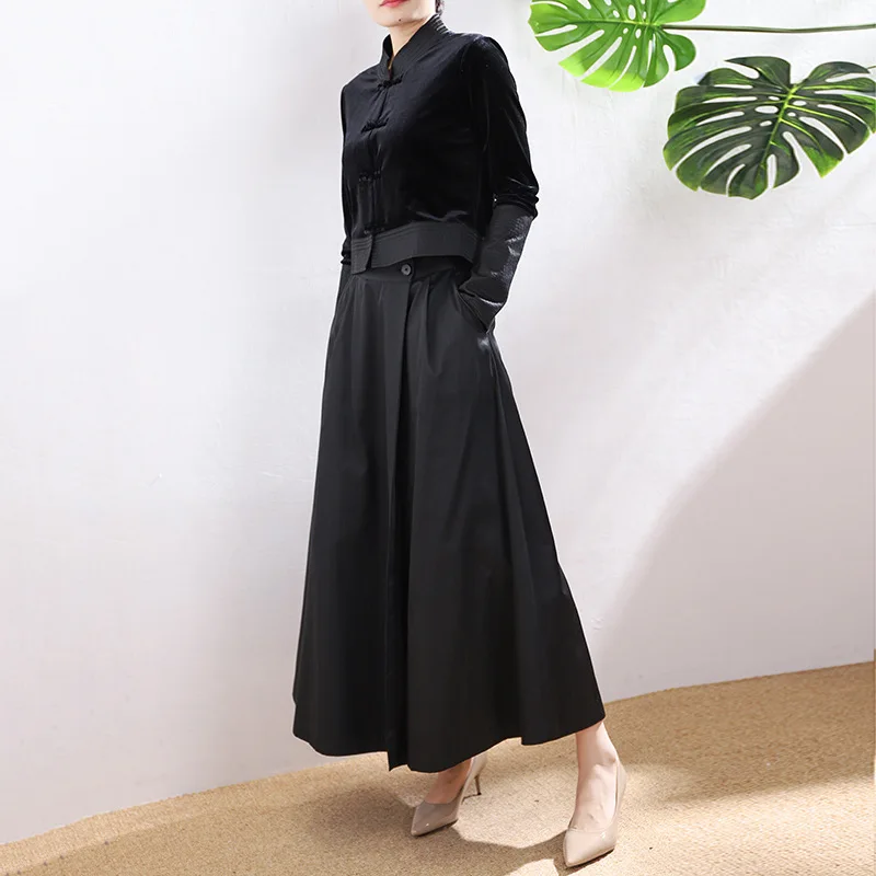 Chinese Style Black Skirt Suits Spring Women Velvet Tops Acetate Buttoned Three-dimensional Retro Matching Wide Skort Sets Coats three thousand years of chinese painting