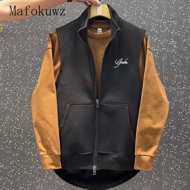 Spring Embroidered Stand Collar Vest Fashion Slim Casual High Street Personality Sleeveless Jackets Men Tops Male Clothes