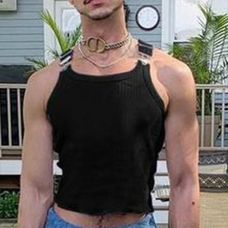 

Новинка, стильная облегающая футболка с пряжкой, Мужская модная спортивная вязаная Мужская Черная майка в уличном стиле, Мужская одежда, топы, майка