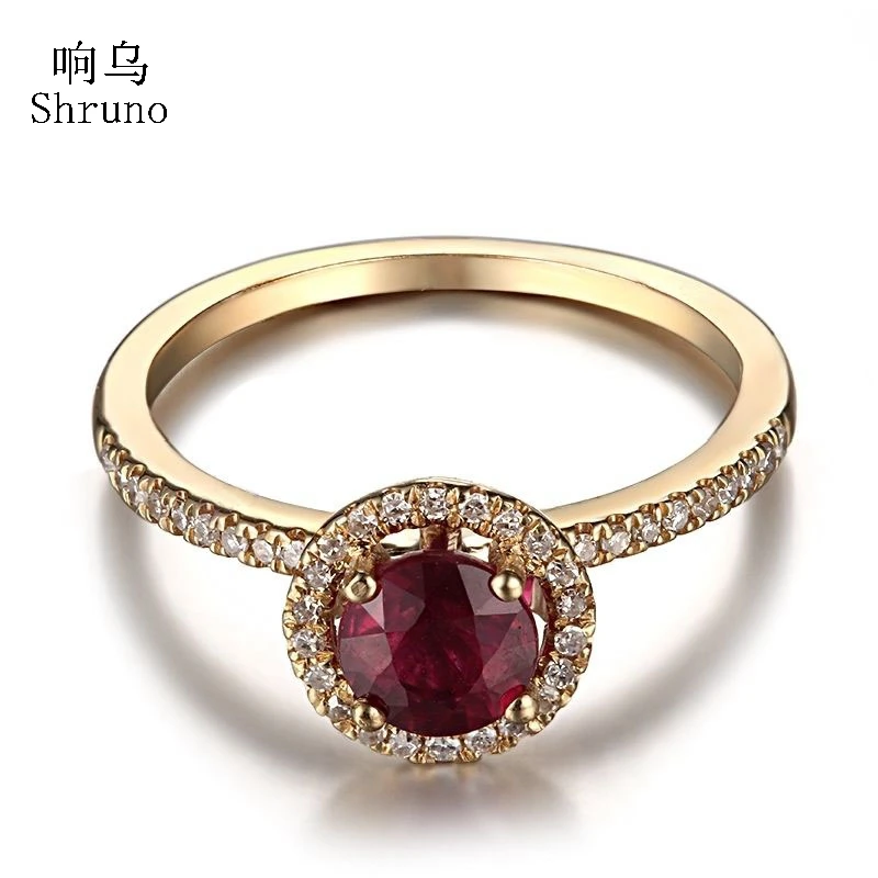 

Shuno Round 5.5mm Treated Ruby Solid 14K Yellow Gold Ring Real Natural Diamond Engagement Ring Women Wedding Gemstone Jewelry
