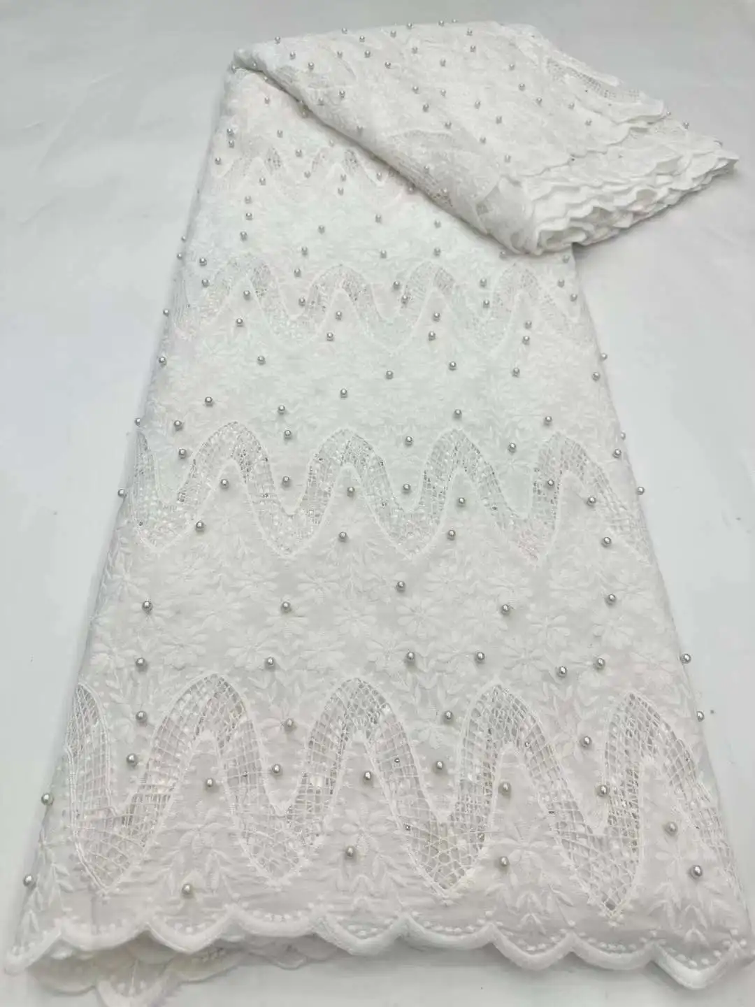 

Fashion French Mesh Laser Embroidery Chiffon Lace Fabric African Nigerian With Beaded Lace Fabric For Wedding Dress XC42BB