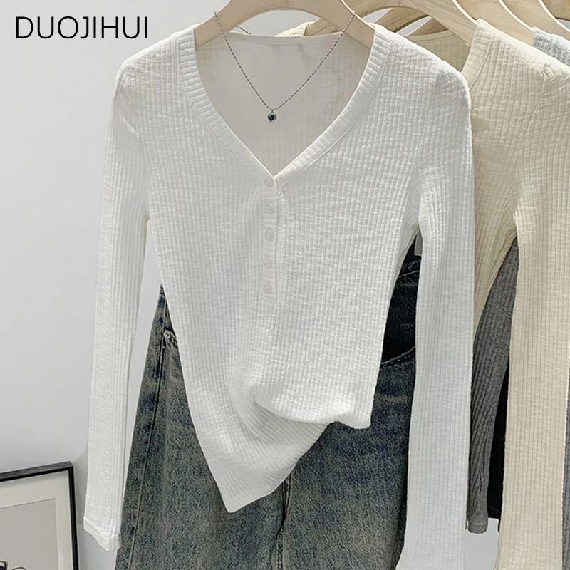 

DUOJIHUI Ins новые пуговицы с V-образным вырезом сексуальные повседневные женские Пуловеры Осенние однотонные модные простые женские пуловеры с длинным рукавом