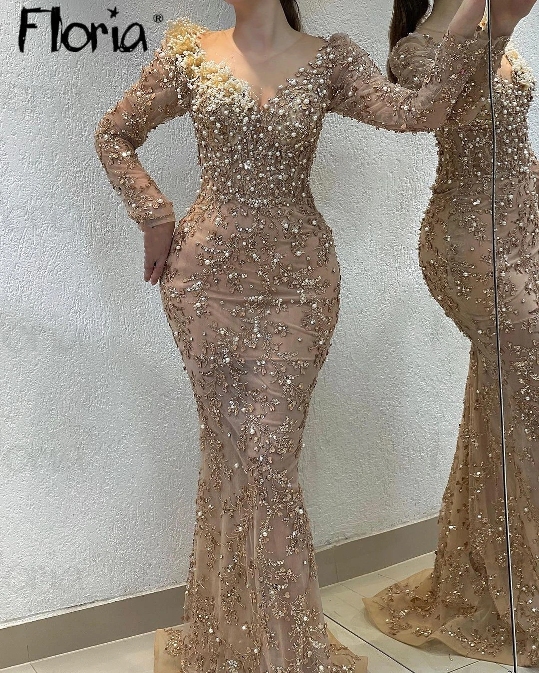 green emerald velvet dress Beaded Long Sleeve Gown with Sheer Cape Detail GL3624 main image 0