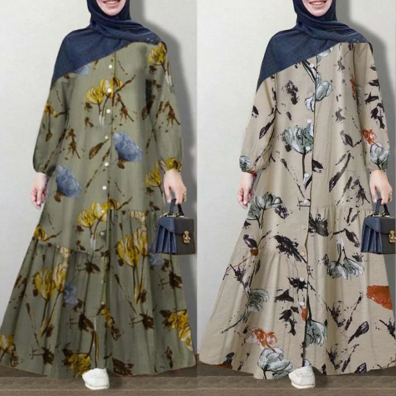 

Muslim Clothes Large Size Clothing Cotton & Linen Dress for Women Abaya Fashion Loose Casual Floral Long Dresses Islamic Kebaya
