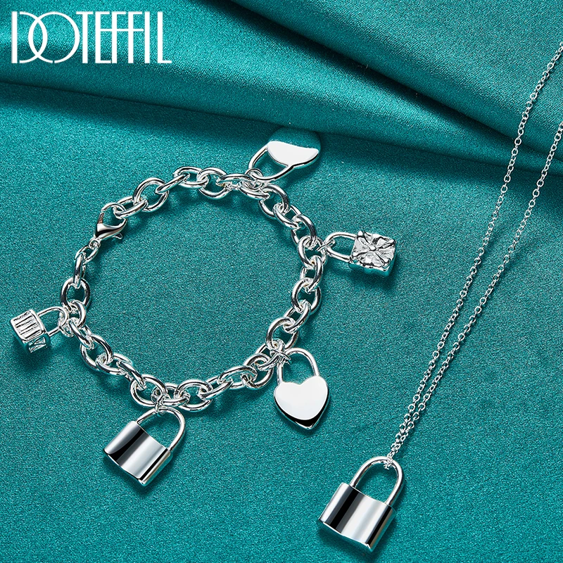 DOTEFFIL 2pc 925 Sterling Silver Heart Square Round Lock Necklace Bracelet Set For Woman Man Wedding Engagement Fashion Jewelry