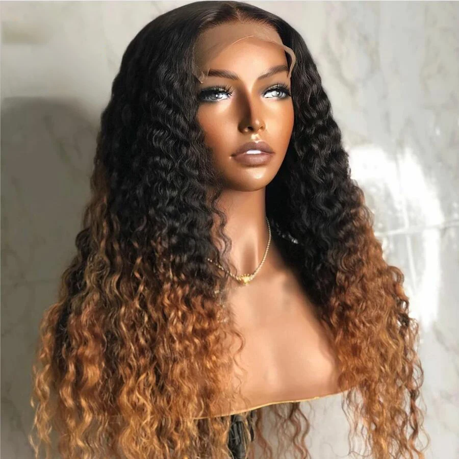 

Natural Hairline Ombre Honey Blonde Soft Preplucked Glueless 180Density Long Kinky Curly Lace Front Wig For Women BabyHair Daily