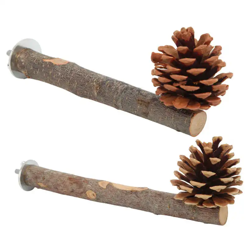 

Natural Wooden Bird Stand Pole Exercise Cage Decoration Bite Resistant Easy To Grasp Chewable Bird Stand Perch with Pine Cone