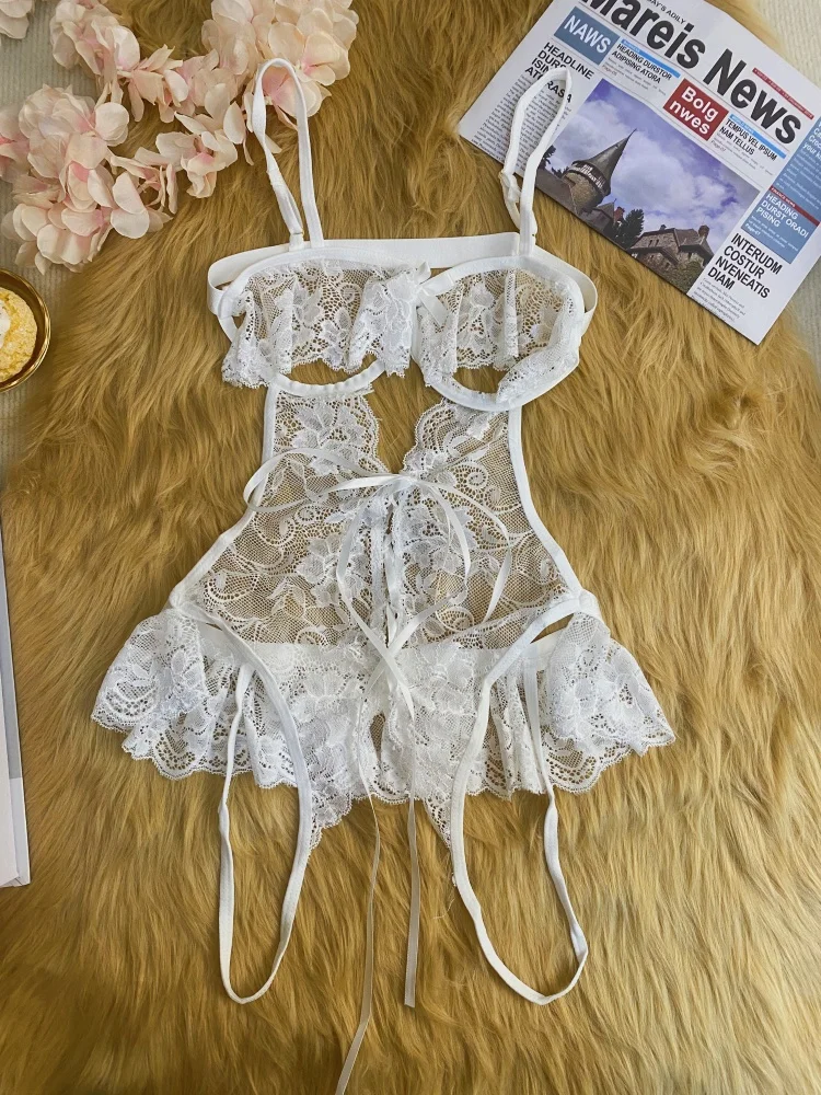 Sexy Lingerie Crotchless Red Sexy Lingerie Women Lace Hollow Bra Set Erotic Costumes Teddy Baby Doll Dress Deep V Open Bra Sexiest Bodysuits