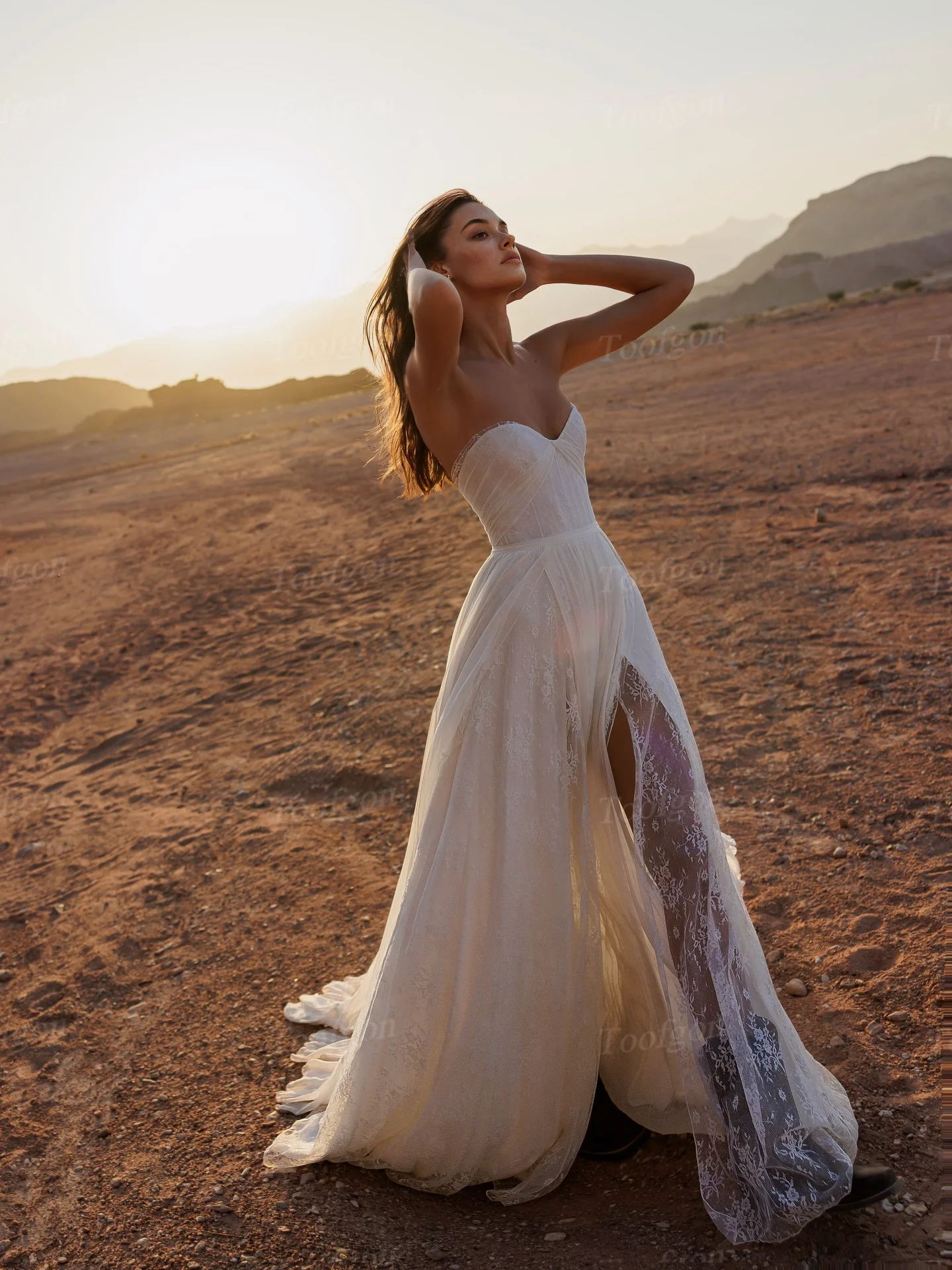 Toofgon Boho Chiffon Lace Wedding Dresses Customized Sexy Slit Dectachable Long Sleeves Country Bridal Gowns Formal Bride Dress