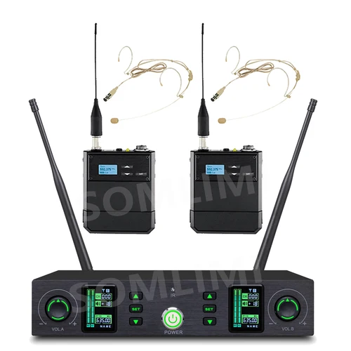 SOMLIMI UR4D 전문 무선 마이크, 듀얼 채널 UHF 무대 공연, 가라오케 파티 2 핸드헬드 헤드셋, 라발리에 3