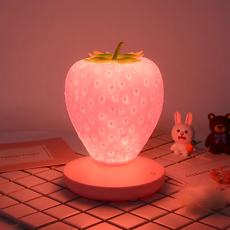 

LED Strawberry Lamp for Bedroom Silicon Touch-Sensor USB Rechargeable Dimmable Idyllic Bedside Night Light for House Decoration