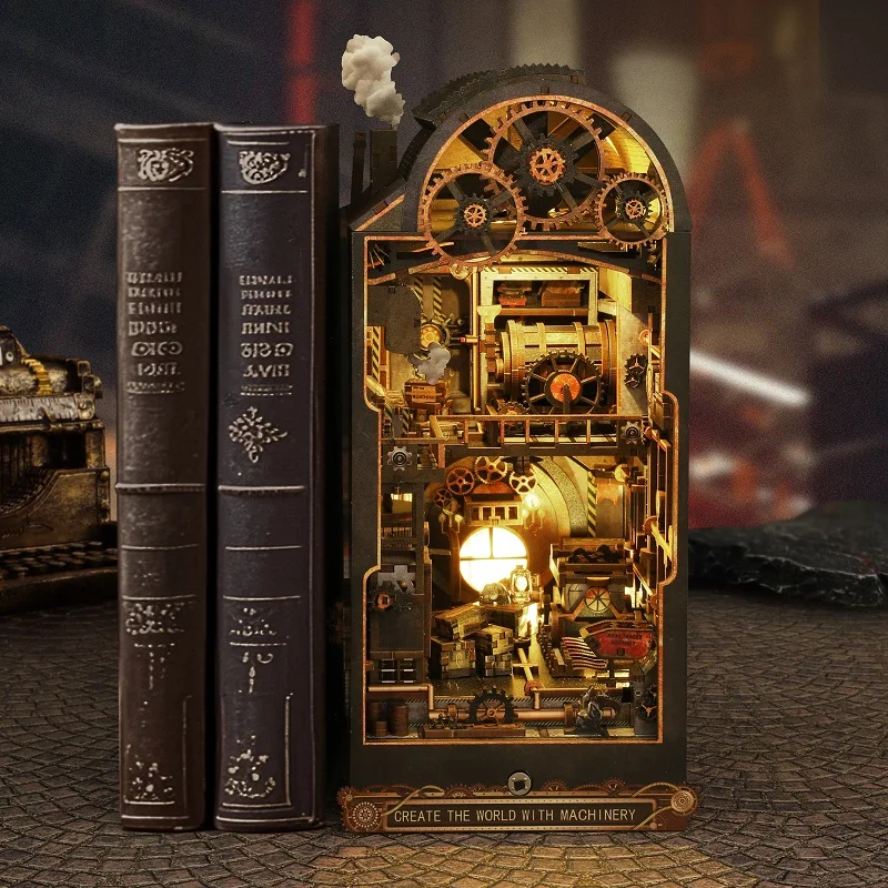 DIY Book Nook Shelf Insert Kits Mechanical World Cottage Wooden Miniature Model Kit Handmade Bookend Bookshelf Friends Gifts 3