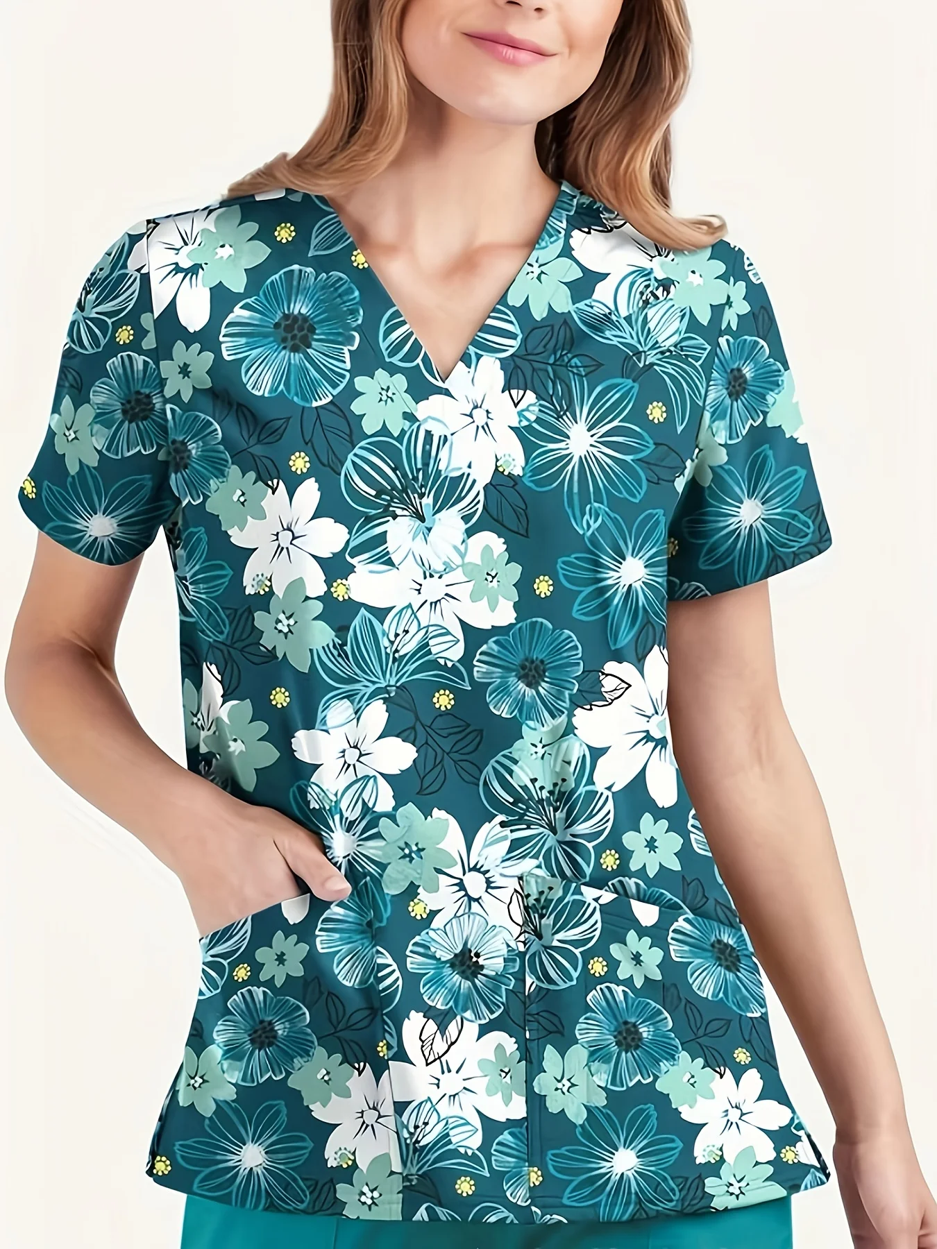 OP-Kitteloberteile für Damen mit Vintage-Blumendruck, kurzärmelig, V-Ausschnitt, Krankenschwesteruniform, Hemd mit Taschen, T-Shirt, Arbeitsoberteile für Krankenpflege