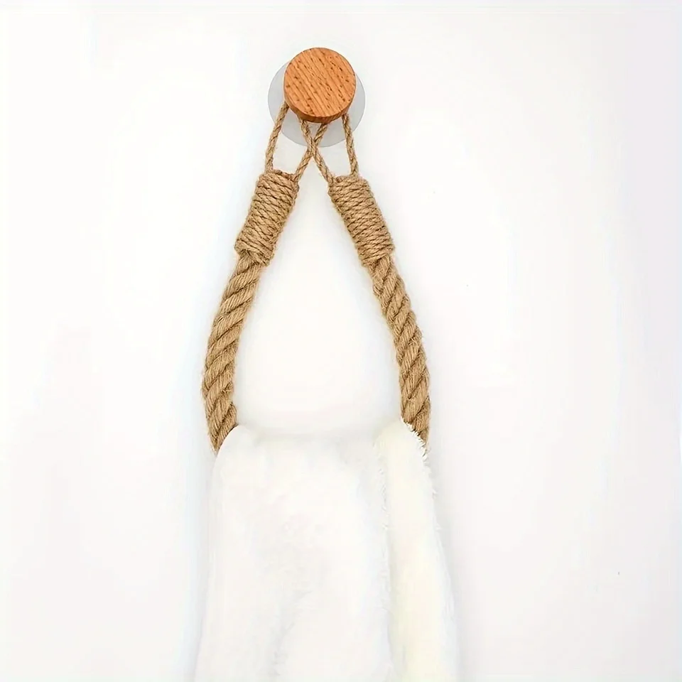 Hemp rope tissue holder, solid wood rope weaving, towel storage rack, creative wall-mounted toilet paper holder 4