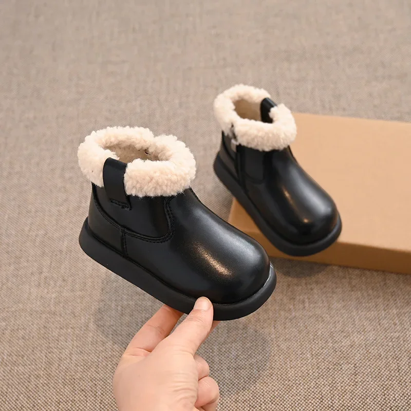 Kids Short Boots with Fur Soft Sole Non-slip Girls Princess Shoes with Side Zip 2025 Winter New Fashion Children Ankle Boot Warm
