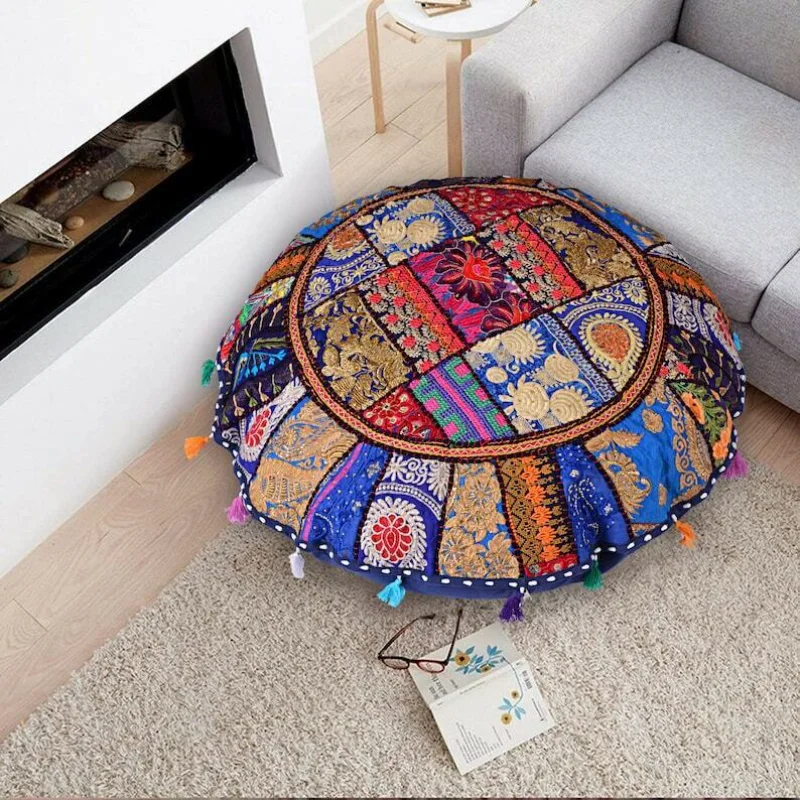 

Blue Round 16x16inches Cushion Cover Ethnic Flavor Handmade Cotton Patchwork Decorative Home